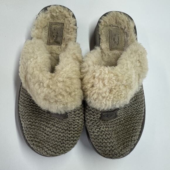 UGG Slippers Womens Size 8 Knit Shearling Grey Green Slip On Cozy Shoes Warm - Picture 1 of 11